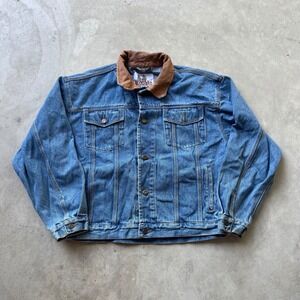 Woodlake Mens Denim Trucker Jacket Blue Medium Wash Leather Collar Large L